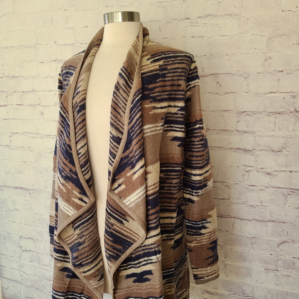 NWT Lucky Brand Open Front Cozy Knit Blanket Cardigan Sweater Tan Navy Small
